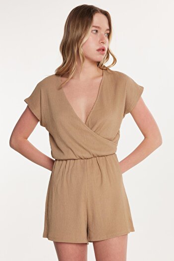 Tudors Women's Regular Fit Short Sleeve V-Neck Brown Jumpsuit