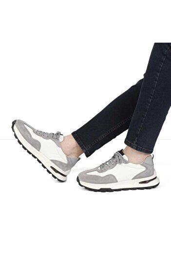Celal Gültekin Men's Gray Lace-Up Suede Leather Sneakers
