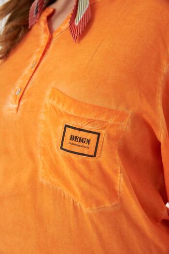 RMG Large Size Washable Blouse with Crest Detail Orange