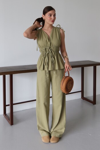 Laluvia Çağla 100% Cotton Shoulder Waist Gathered Blouse Trousers Set - 8612