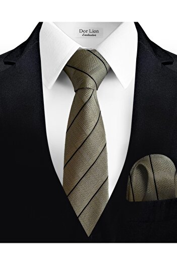 Dor Lion Striped Gray Tie and Handkerchief - 7 cm