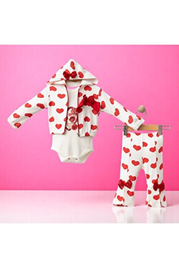 MİLAYS LİFE HOME COLLECTİON Coşay Baby Girl 9-12-18 Months Big Heart 3 Piece Set 100% Cotton