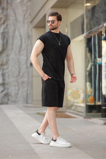 Madmext Black Basic Men's Ripped Detailed Shorts T-Shirt Set E7319