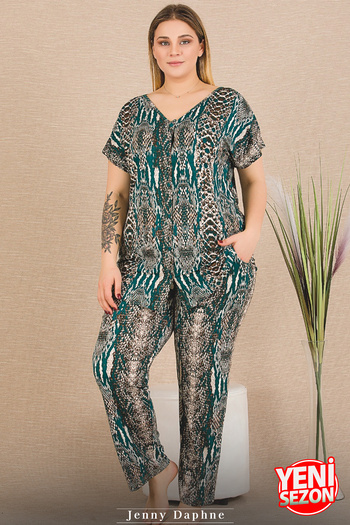 Jenny Daphne Lady Plus Size Snake Print Pajamas with Pockets Button Top Short Sleeve Pajama Set 11030