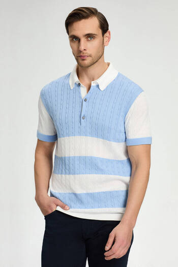 Hemington Light Blue Button Collar Hair Knit Mercerized Cotton Knitwear Polo
