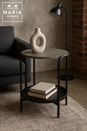 MARIA HOMES Modern Round Side Table with Stone-Texture Top and Black Tray Shelf