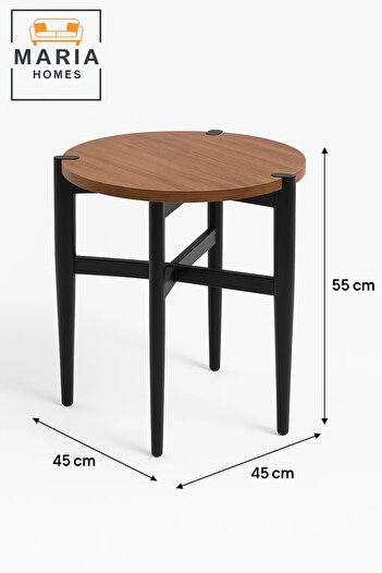 MARIA HOMES Round Wooden Side Table with Black Frame and Decorative Corner Accents