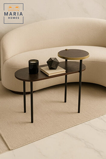MARIA HOMES Dual-Level Oval Side Table with Black Finish and Gold Rim