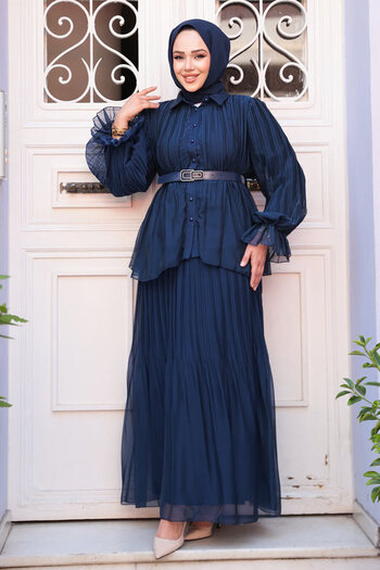 N.S NEVA STYLE Pleated Navy Blue Hijab Skirt Double Suit 4478L