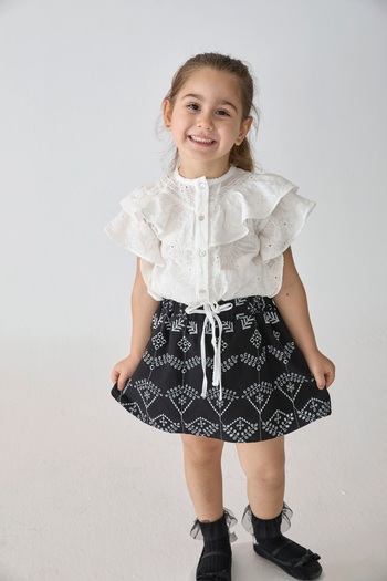 Patique Kids Black Cotton Brode Ethnic Patterned Girl's Skirt