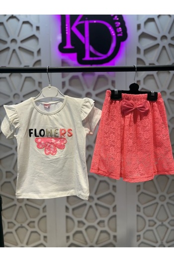 KUMRUNUN DÜNYASI Colorful Printed T-Shirt and Tulle Skirt Girls' Bottom Top Set