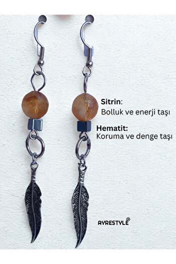 ayrestyle Silver Color Dangle Women's Earrings with Citrine and Hematite Stone Eagle Feather Detail