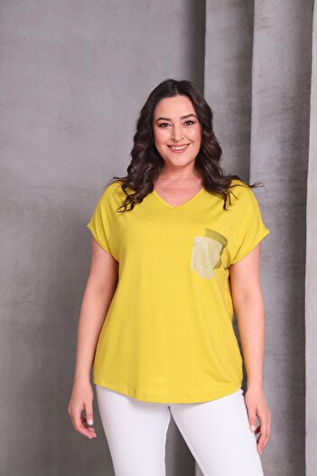 Ebsumu Women's Plus Size Pocket Print Detail Yellow Blouse