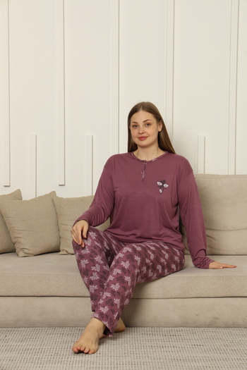 TAMPAP Viscose Fabric Women's Plus Size Long Sleeve Pajama Set