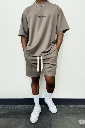 NO 601 Men's Light Brown Fine Futter Boston Printed Orphan Sleeve Tshirt Shorts Set