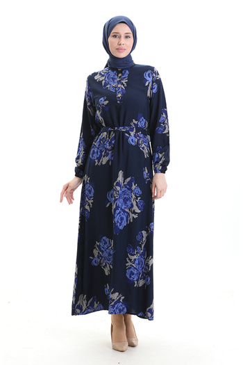 sefamerve Buttoned Patterned Belted Dress 2076-01 Navy Blue Saks