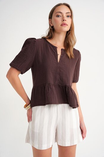 Mixray 4713 Women's Gathered Waist, Elastic Sleeves, Loose Muslin Blouse Brown