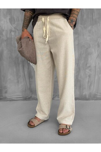 ablukaonline Men's Elastic Waist Striped Baggy Fit Trousers Beige