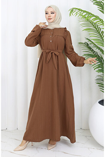 sefamerve Ruffle Belted Dress 2064-04 Brown