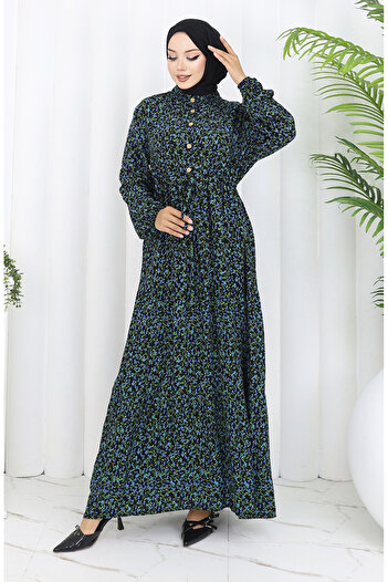 sefamerve Patterned Dress with Elastic Sleeves 2057-02 Black