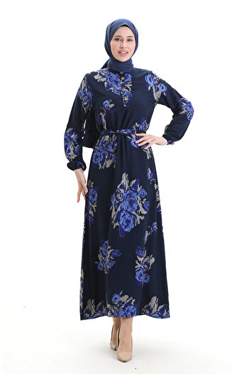 sefamerve Buttoned Patterned Belted Dress 2076-01 Navy Blue Saks