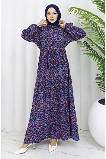 sefamerve Patterned Dress with Elasticated Sleeve 2057-03 Navy Blue