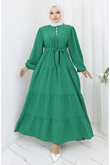 sefamerve Button Detailed Gathered Dress 2065-04 Green