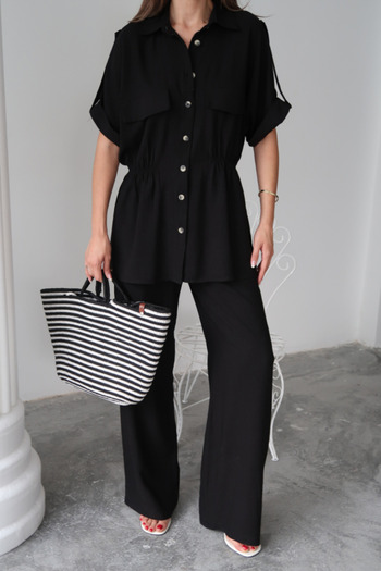 Edolika Linen Waist Tie Detail Shirt - Pants Set - Black