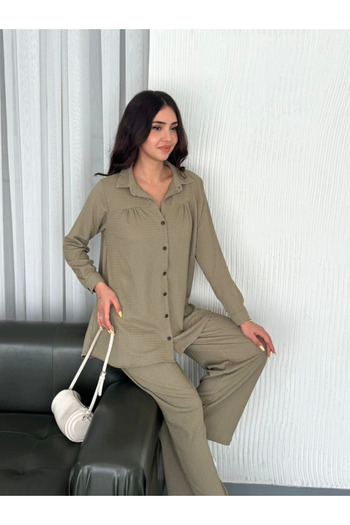 Giyimodam Collared Buttoned Long Sleeve Shirt Trousers Double Set - Beige