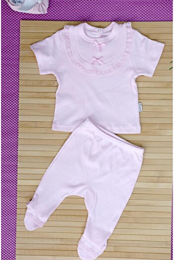 agugu Baby Girl Powder Colored 2-Piece Lace Collar Set Short Sleeve Top and Booties Bottom Powder