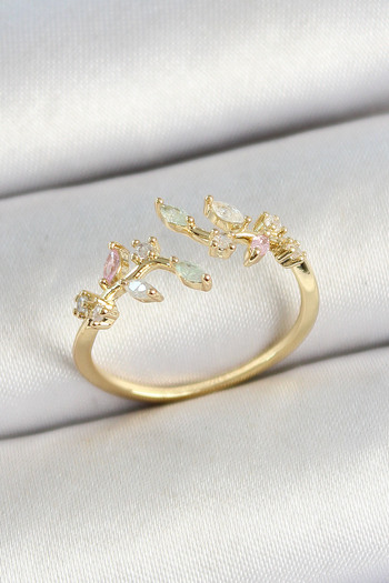 Bernami Special Brass Leaf Figured Zircon Stone Gold Color Adjustable Women's Ring Offer!! !