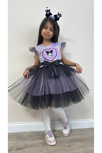BEBECE KİDS Kuromi Sequins Sequined Dress and Crown Birthday and Party Dress