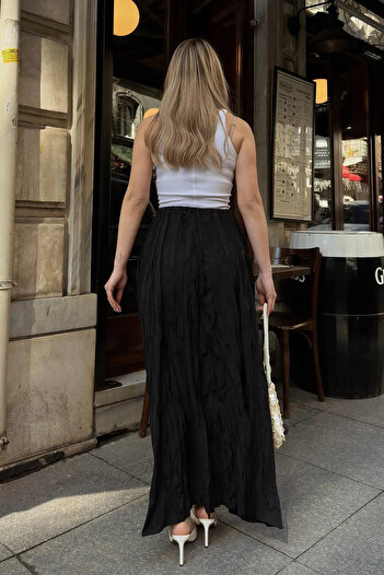 Cochines Women's Black Crinkled Pleated Long Gather Detailed Maxi Skirt Crush Flared Effect Long Skirt
