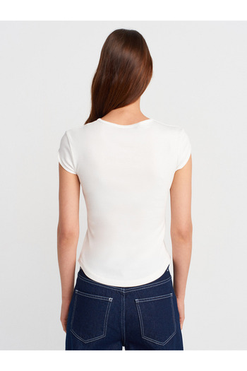 Dilvin 31779 Crew Neck Basic T-Shirt-Ecru