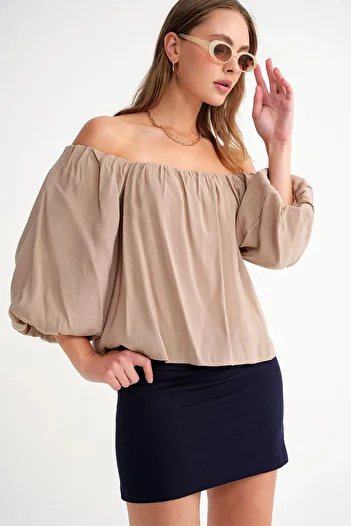 Mixray 4706 Women's Backless Balloon Sleeve Strapless Blouse Soil