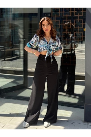 MODA Women's High Waist Wide Leg Detailed Imported Crepe Trousers with Pockets