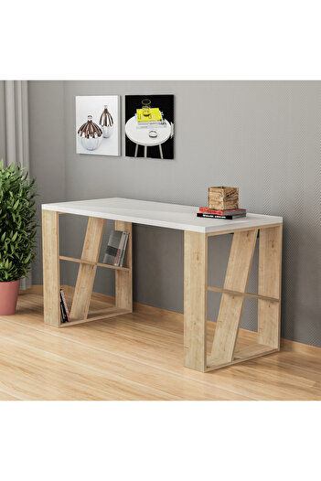 Mourah Home Honey Working Table with Storage Dual Slanted Shelves, Compact Desk for Home Office, Writing & Study