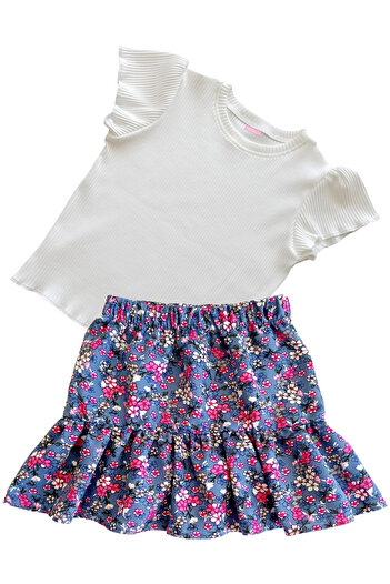 MODA59 Girl's Skirt Suit, Skirt T-Shirt Suit, Floral Skirt Twill Ecru T-Shirt