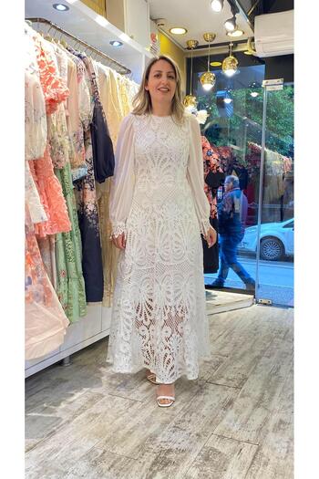 Aska Butik Beyaz Uzun Kollu Dantel Elbise - Beyaz