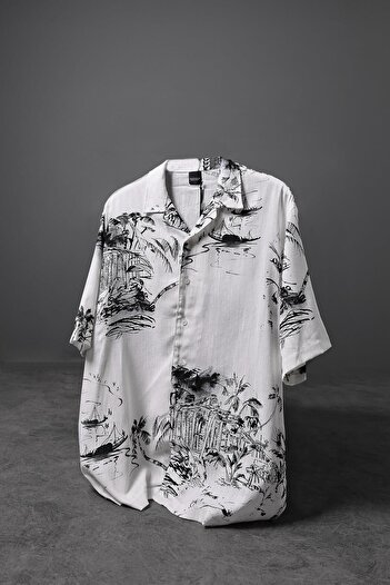 Slatra Men's Palm Pattern Linen Fabric Oversize Short Sleeve Shirt