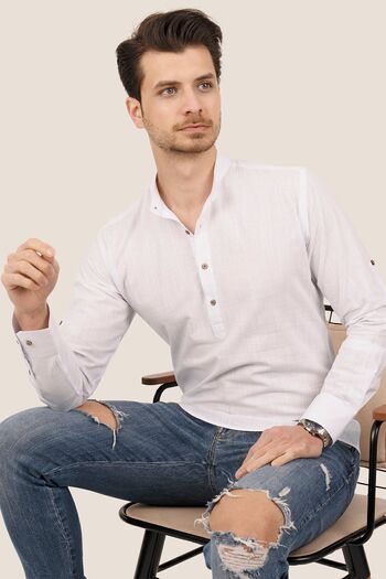 Etikmen Men's Linen Shirt - White, High Collar, Three Buttons, Gift Box