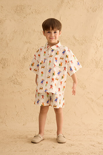 Fahhar Kids Zigzag Zoo Shirt Suit Ecru