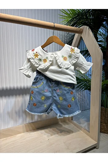 Canbi Kids Girl's Flower Embroidered Baby Collar T-Shirt Denim Shorts 2-Piece Set