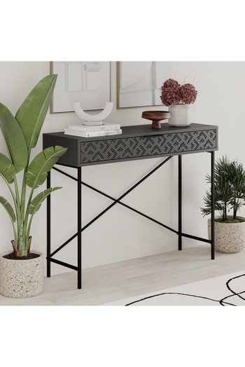 Mourah Home Heaton Console Remastered - Decorative Drawer, Slim Black Metal Frame, Modern Entryway Storage