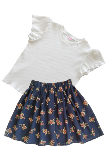 MODA59 Girl's Skirt Suit, Skirt T-Shirt Suit, Floral Skirt Twill Ecru T-Shirt