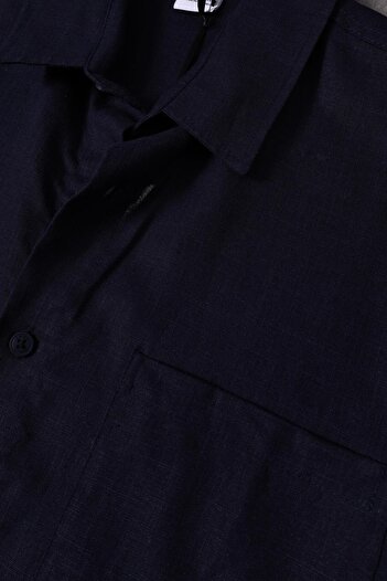 Slatra Men's Navy Blue 100% Linen Fabric Oversize Short Sleeve Shirt