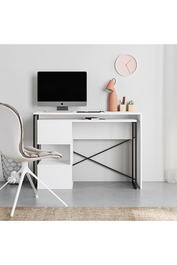 Mourah Home Badau L-Shaped Rotating Desk with Storage, Bookshelf & Shelves – Modern Industrial Work Table