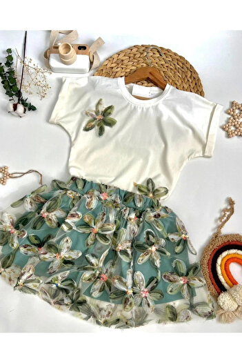 TAYFUN Barbosa Lily Detailed Crew Neck Short Sleeve Tshirt and Skirt for Eid, Special Day Suit