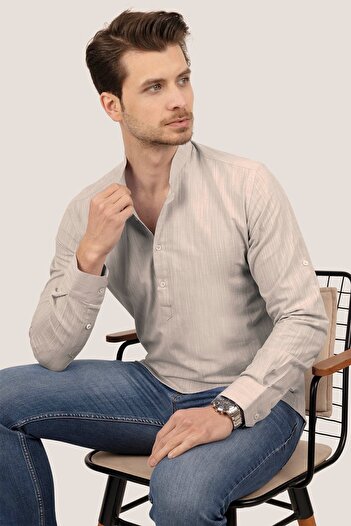Etikmen Beige Judge Collar Linen Three Button Men's Shirt with Gift Box