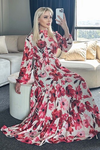 benguen Patterned Hijab Dress Red 524-1